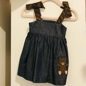 BABIES' BLUE DENIM DRESS WITH TEDDY BEAR